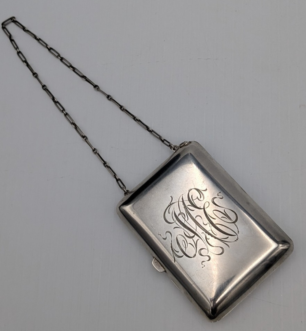 Antique Sterling Silver Compact, Coin Purse on a Chain 147g - AS IS